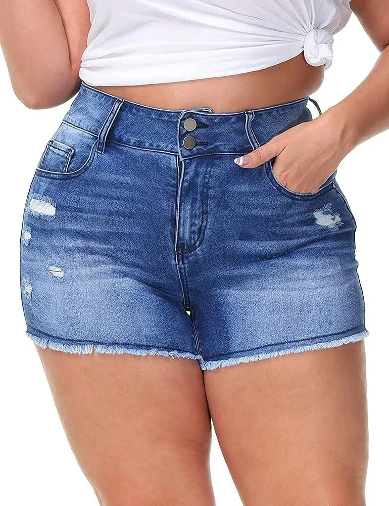 Women Plus Size Jean Shorts Sexy Stretchy High Waisted Frayed Raw Hem Denim Shorts