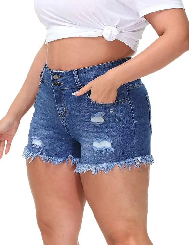 Women Plus Size Jean Shorts Sexy Stretchy High Waisted Frayed Raw Hem Denim Shorts