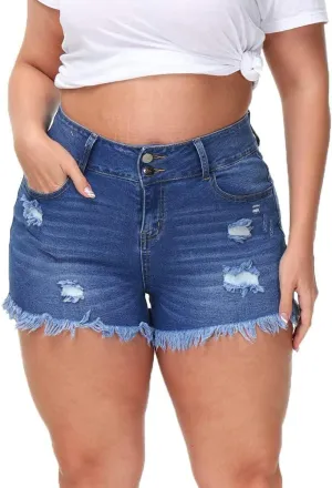 Women Plus Size Jean Shorts Sexy Stretchy High Waisted Frayed Raw Hem Denim Shorts