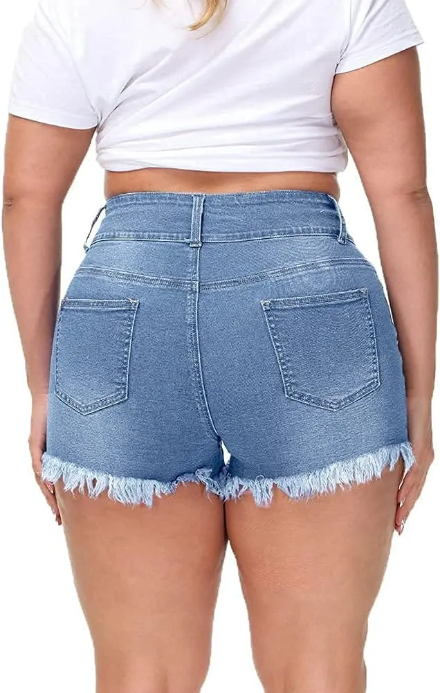 Women Plus Size Jean Shorts Sexy Stretchy High Waisted Frayed Raw Hem Denim Shorts