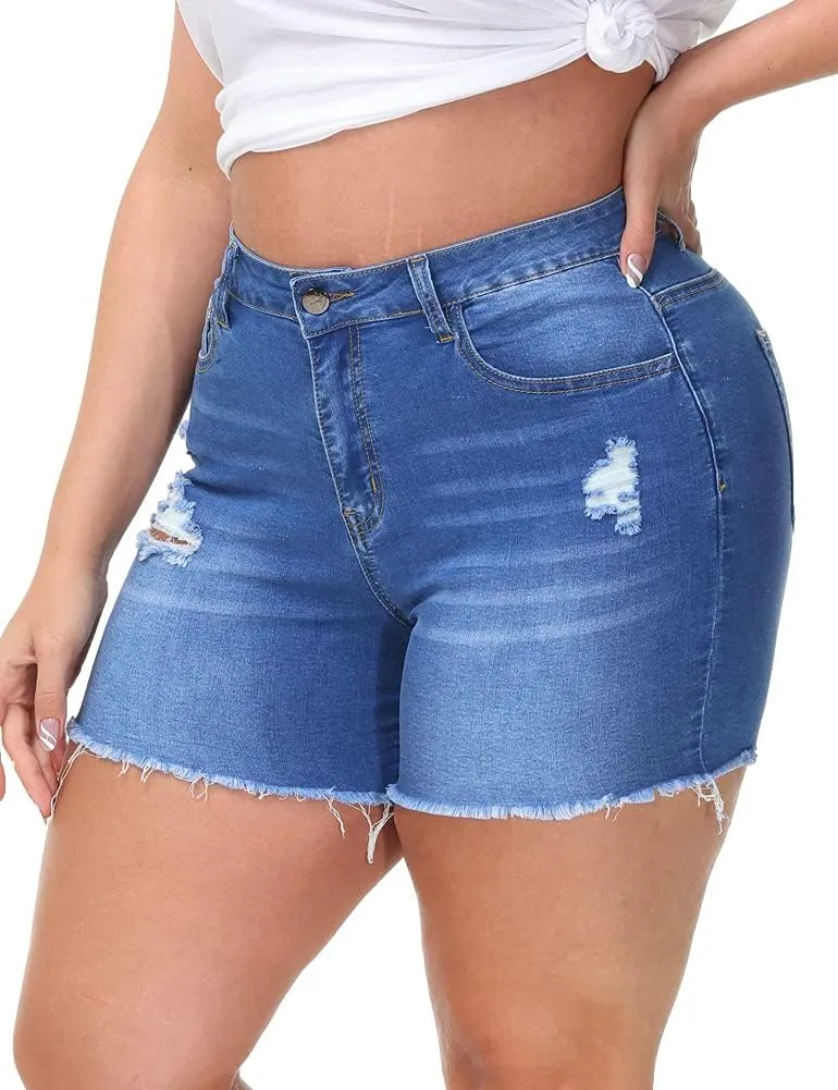 Women Plus Size Jean Shorts Stretchy High Waisted Frayed Raw Hem Denim Shorts 5.5" Inseam