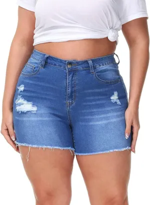 Women Plus Size Jean Shorts Stretchy High Waisted Frayed Raw Hem Denim Shorts 5.5" Inseam