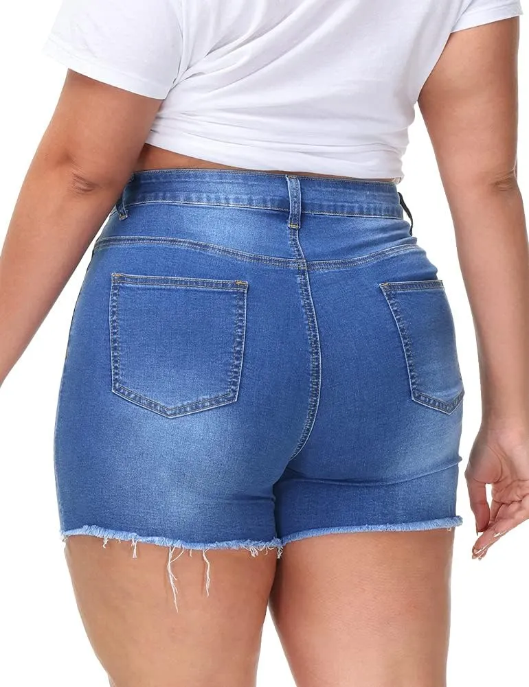 Women Plus Size Jean Shorts Stretchy High Waisted Frayed Raw Hem Denim Shorts 5.5" Inseam