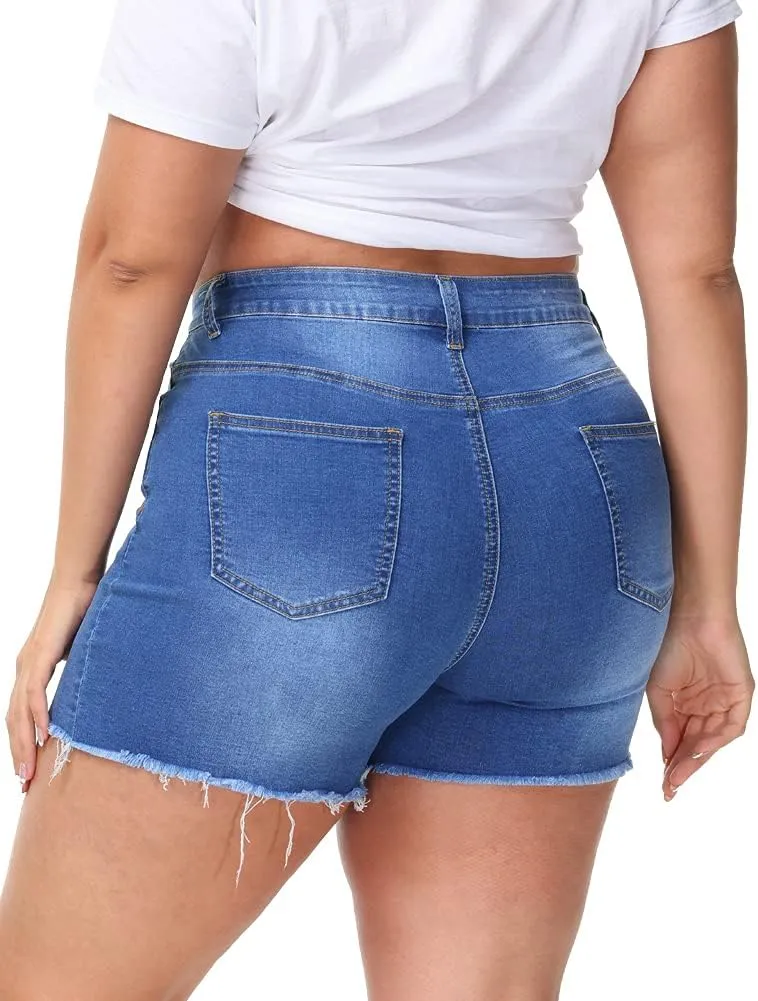 Women Plus Size Jean Shorts Stretchy High Waisted Frayed Raw Hem Denim Shorts 5.5" Inseam