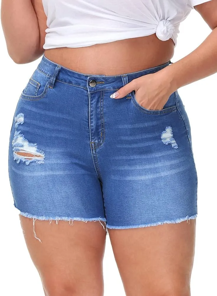 Women Plus Size Jean Shorts Stretchy High Waisted Frayed Raw Hem Denim Shorts 5.5" Inseam
