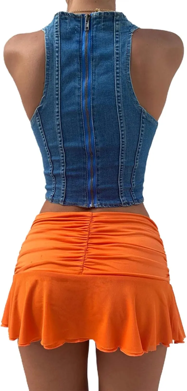 Women Ruched Ruffle Pleated Mini Skirt High Waisted Stretch Solid Color Tennis Wave Short Skirts