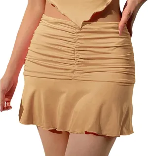 Women Ruched Ruffle Pleated Mini Skirt High Waisted Stretch Solid Color Tennis Wave Short Skirts