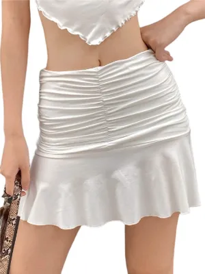 Women Ruched Ruffle Pleated Mini Skirt High Waisted Stretch Solid Color Tennis Wave Short Skirts