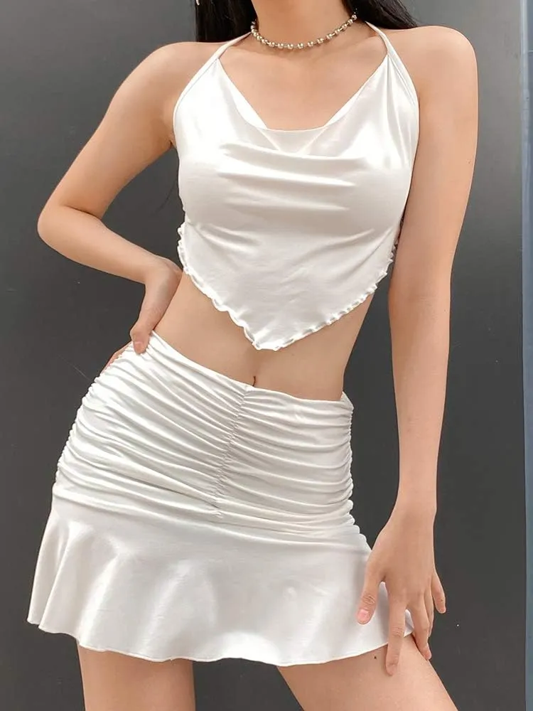 Women Ruched Ruffle Pleated Mini Skirt High Waisted Stretch Solid Color Tennis Wave Short Skirts