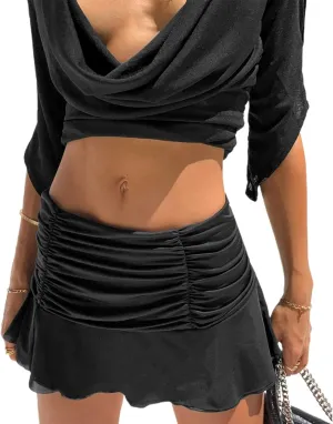 Women Ruched Ruffle Pleated Mini Skirt High Waisted Stretch Solid Color Tennis Wave Short Skirts