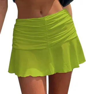Women Ruched Ruffle Pleated Mini Skirt High Waisted Stretch Solid Color Tennis Wave Short Skirts