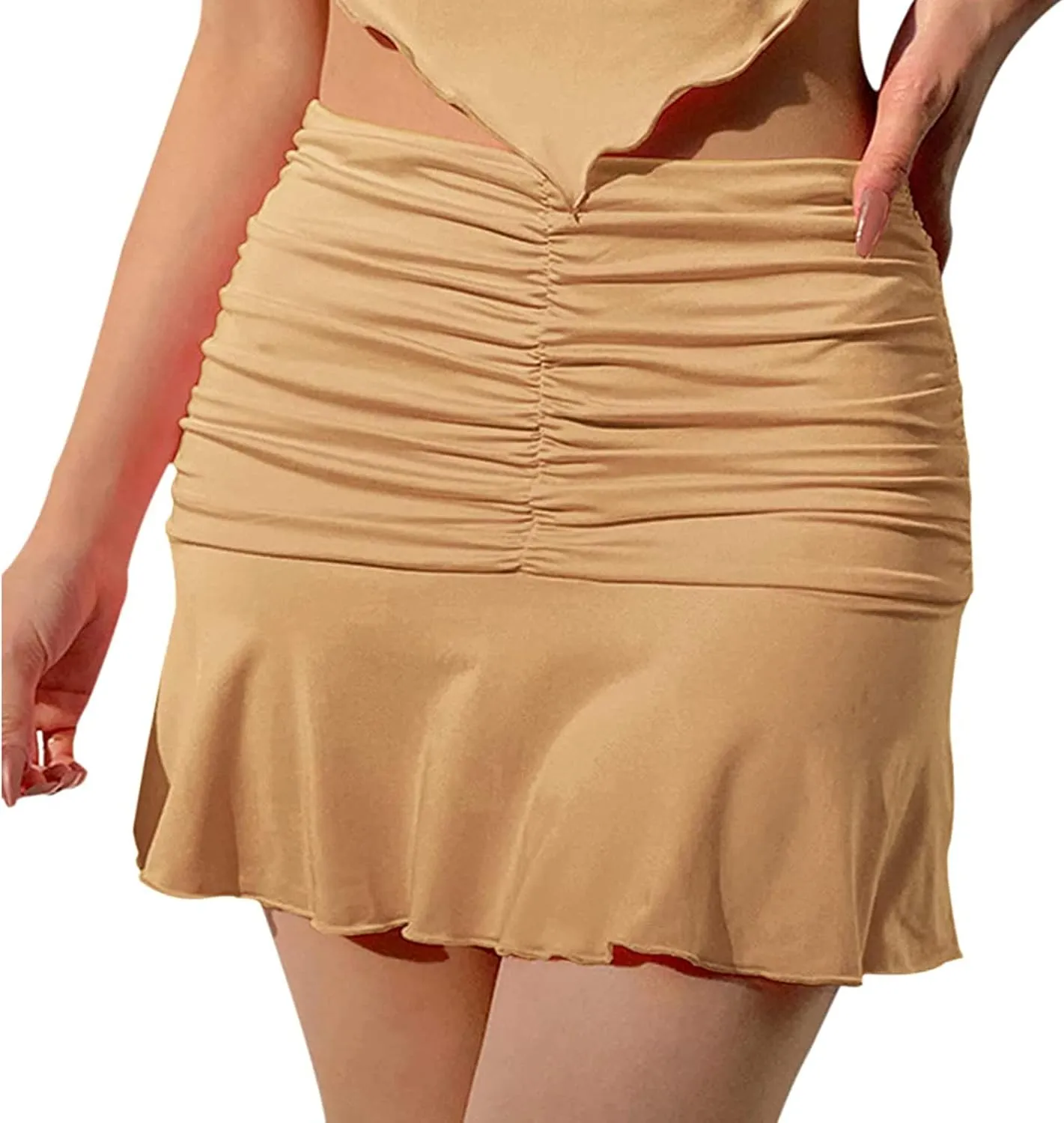 Women Ruched Ruffle Pleated Mini Skirt High Waisted Stretch Solid Color Tennis Wave Short Skirts