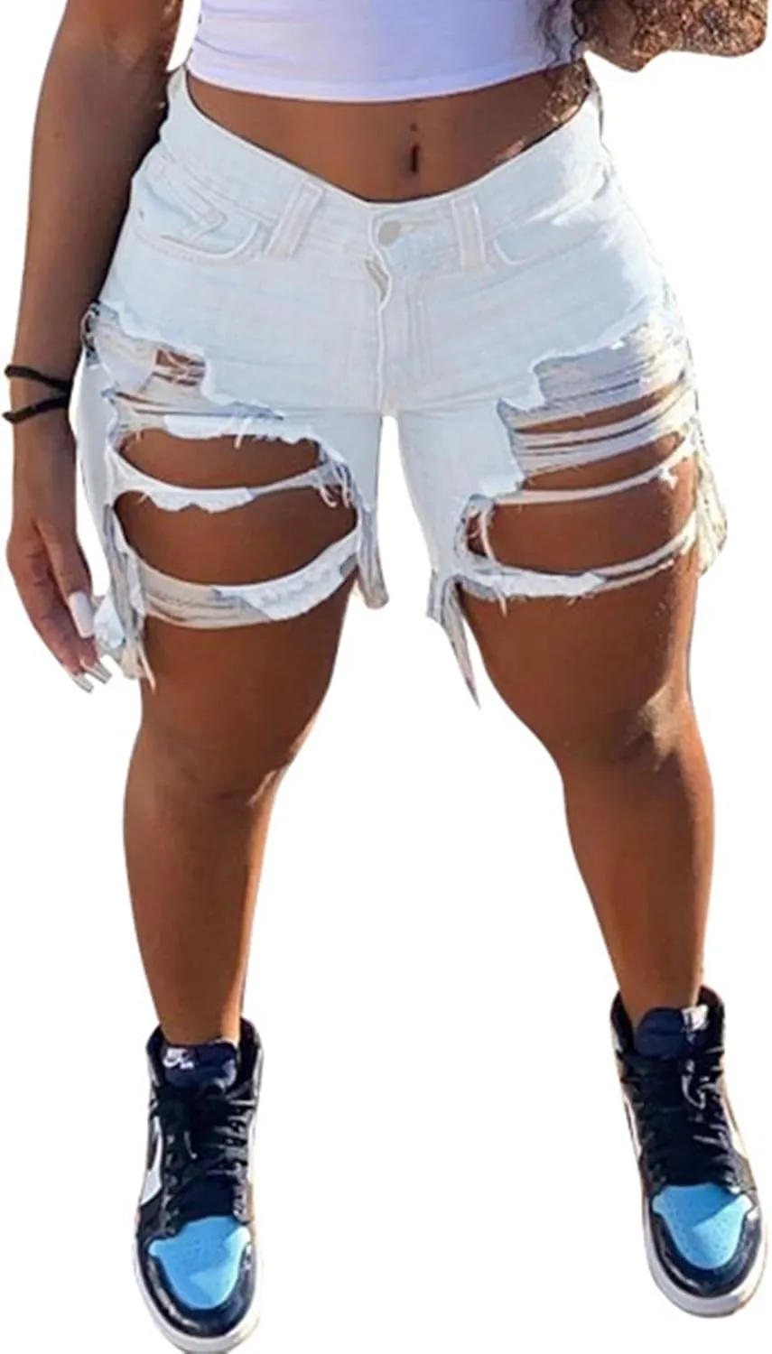 Women Sexy High Waisted Ripped Jean Shorts Distressed Cut Out Straight Leg Frayed Hem Summer Shorts Denim Pants