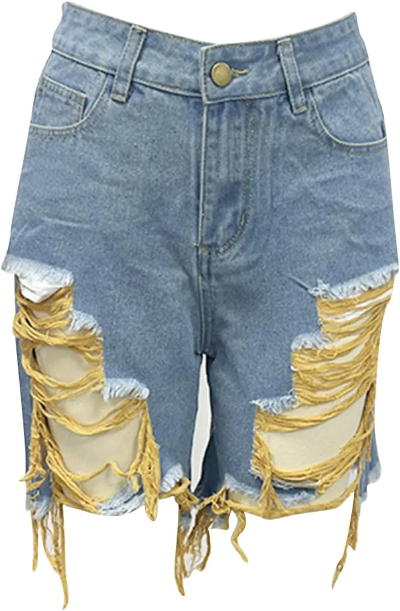 Women Sexy High Waisted Ripped Jean Shorts Distressed Cut Out Straight Leg Frayed Hem Summer Shorts Denim Pants