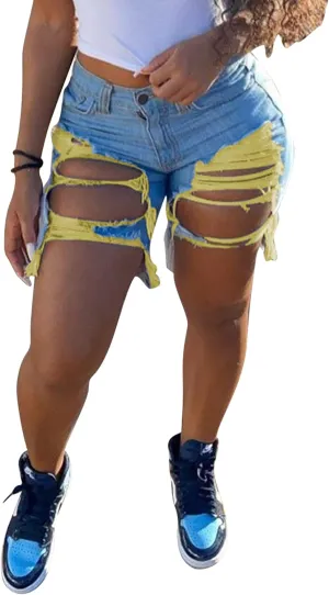 Women Sexy High Waisted Ripped Jean Shorts Distressed Cut Out Straight Leg Frayed Hem Summer Shorts Denim Pants