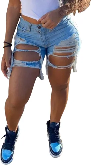 Women Sexy High Waisted Ripped Jean Shorts Distressed Cut Out Straight Leg Frayed Hem Summer Shorts Denim Pants