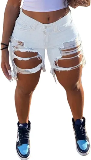 Women Sexy High Waisted Ripped Jean Shorts Distressed Cut Out Straight Leg Frayed Hem Summer Shorts Denim Pants