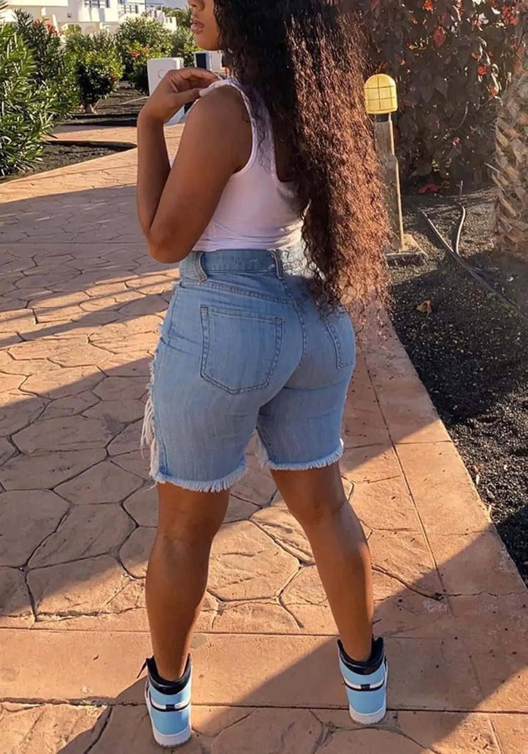 Women Sexy High Waisted Ripped Jean Shorts Distressed Cut Out Straight Leg Frayed Hem Summer Shorts Denim Pants