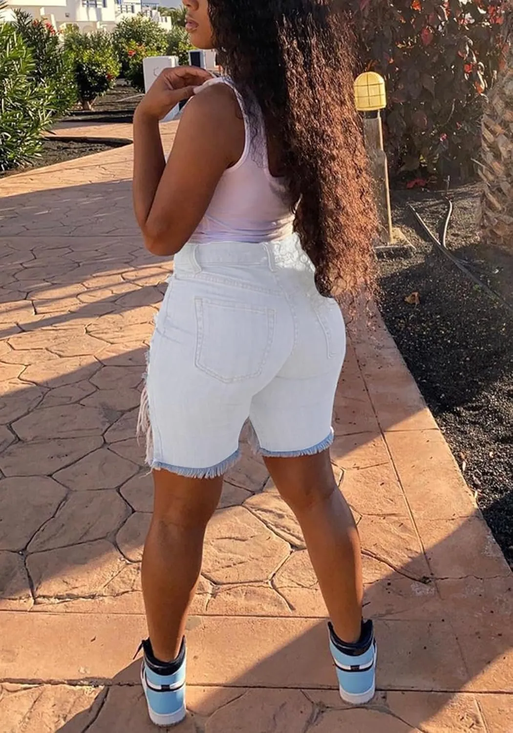 Women Sexy High Waisted Ripped Jean Shorts Distressed Cut Out Straight Leg Frayed Hem Summer Shorts Denim Pants