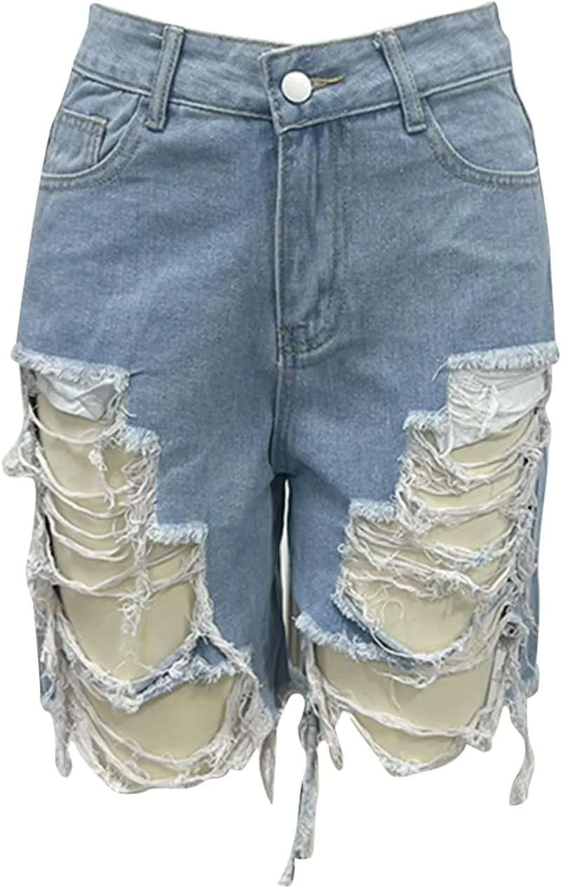 Women Sexy High Waisted Ripped Jean Shorts Distressed Cut Out Straight Leg Frayed Hem Summer Shorts Denim Pants