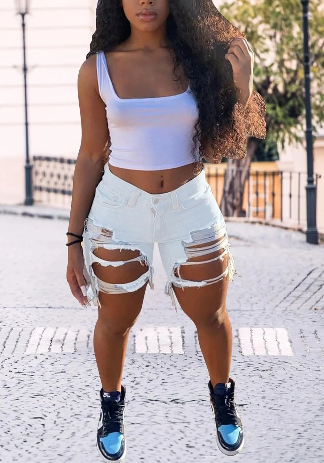 Women Sexy High Waisted Ripped Jean Shorts Distressed Cut Out Straight Leg Frayed Hem Summer Shorts Denim Pants