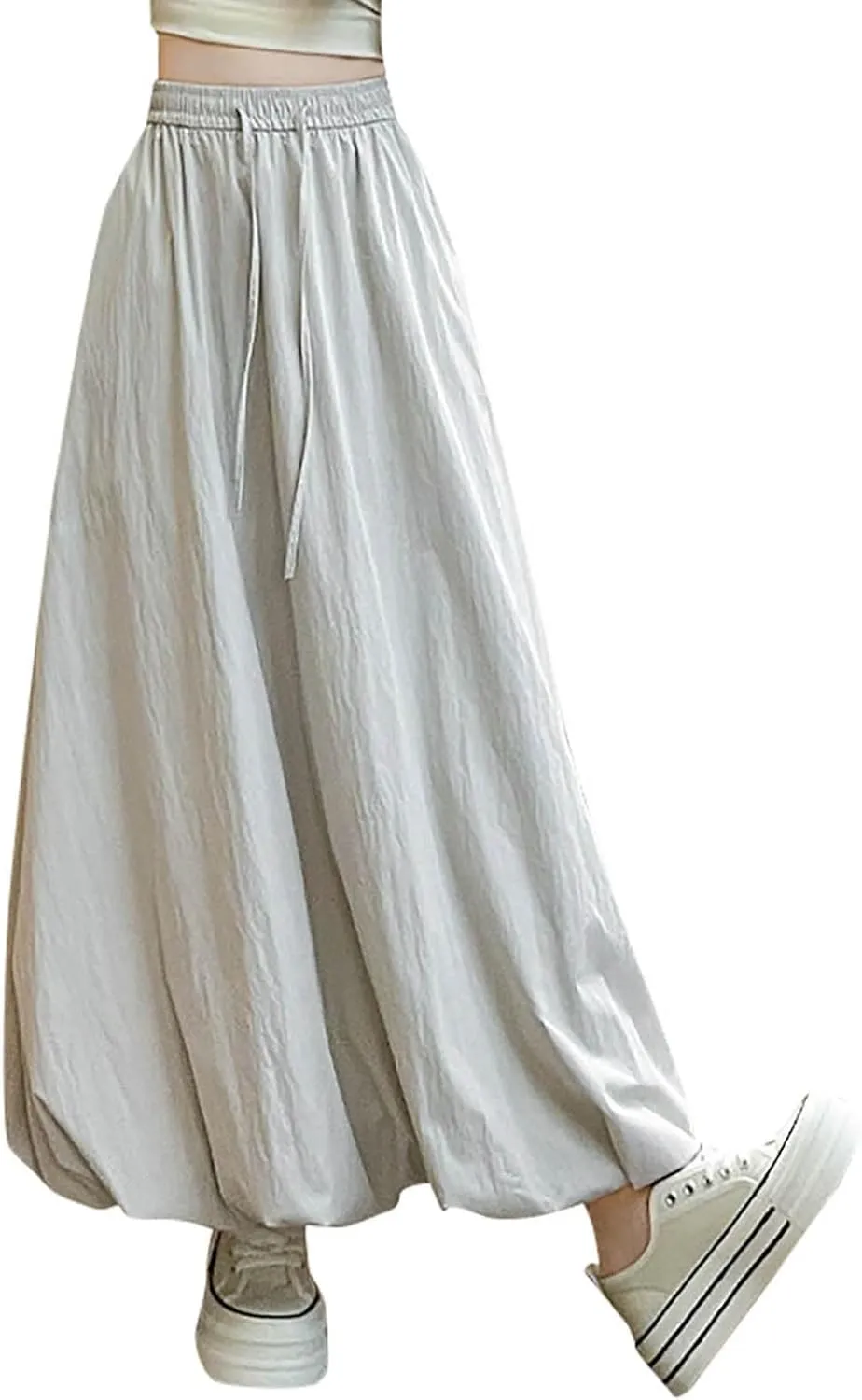 Women Solid Color Basic Bloomer Skirt, Summer Lightweight Comfy A-line Long Skirts Fashion Tie Drawstring Casual Clothes
