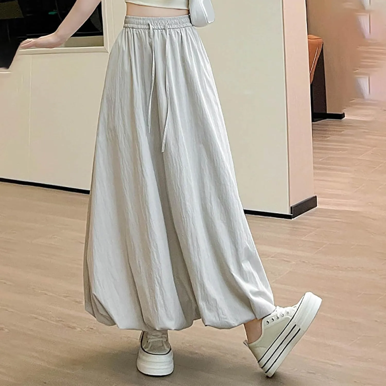 Women Solid Color Basic Bloomer Skirt, Summer Lightweight Comfy A-line Long Skirts Fashion Tie Drawstring Casual Clothes