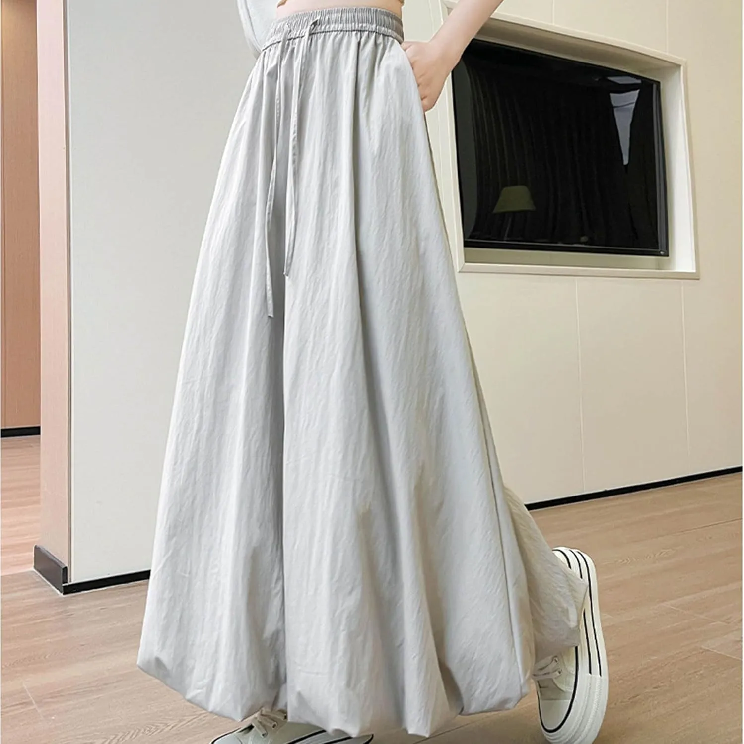 Women Solid Color Basic Bloomer Skirt, Summer Lightweight Comfy A-line Long Skirts Fashion Tie Drawstring Casual Clothes