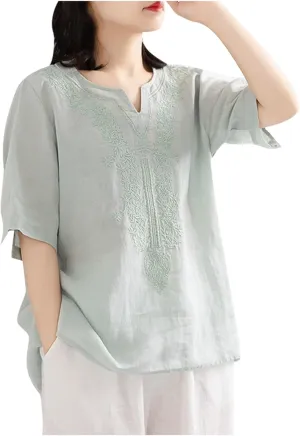 Women Summer Thin Shirt Floral Embroidery Linen Shirts 3/4 Sleeve Scoop Neck Bohemian Top Blouse Quick Dry Breathable