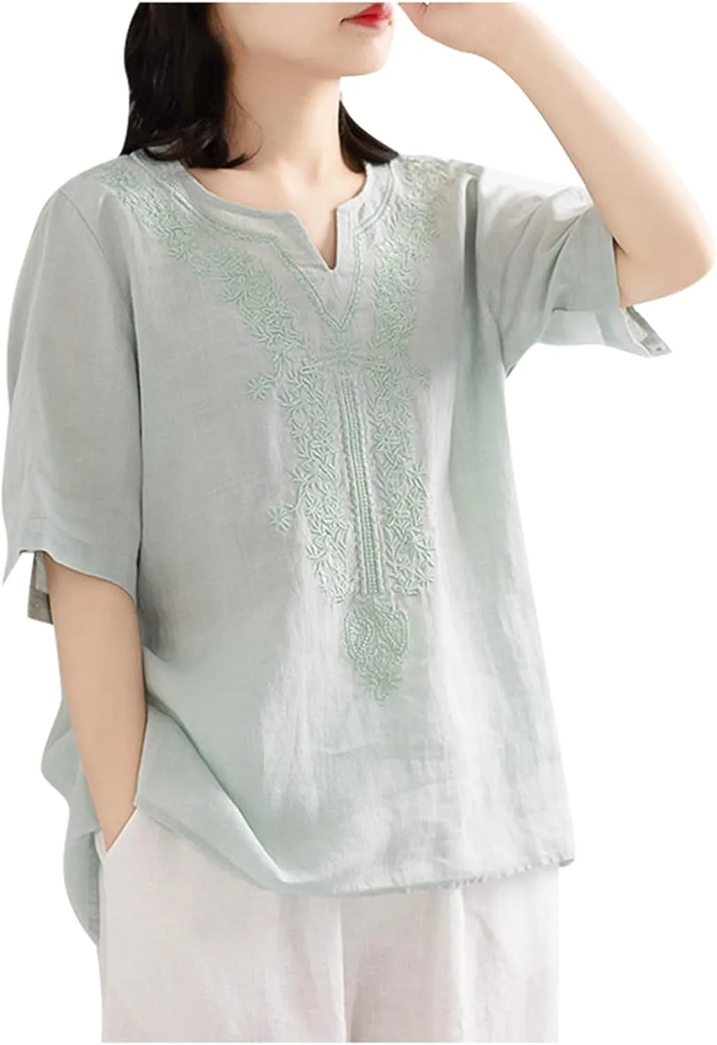 Women Summer Thin Shirt Floral Embroidery Linen Shirts 3/4 Sleeve Scoop Neck Bohemian Top Blouse Quick Dry Breathable