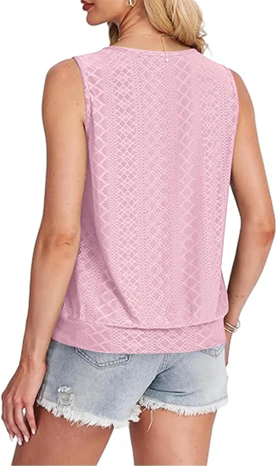 Women Tank Top Eyelet Embroidery Scoop Neck Shirts Trendy Sleeveless Loose Fit Banded Bottom Vest Beach Blouses