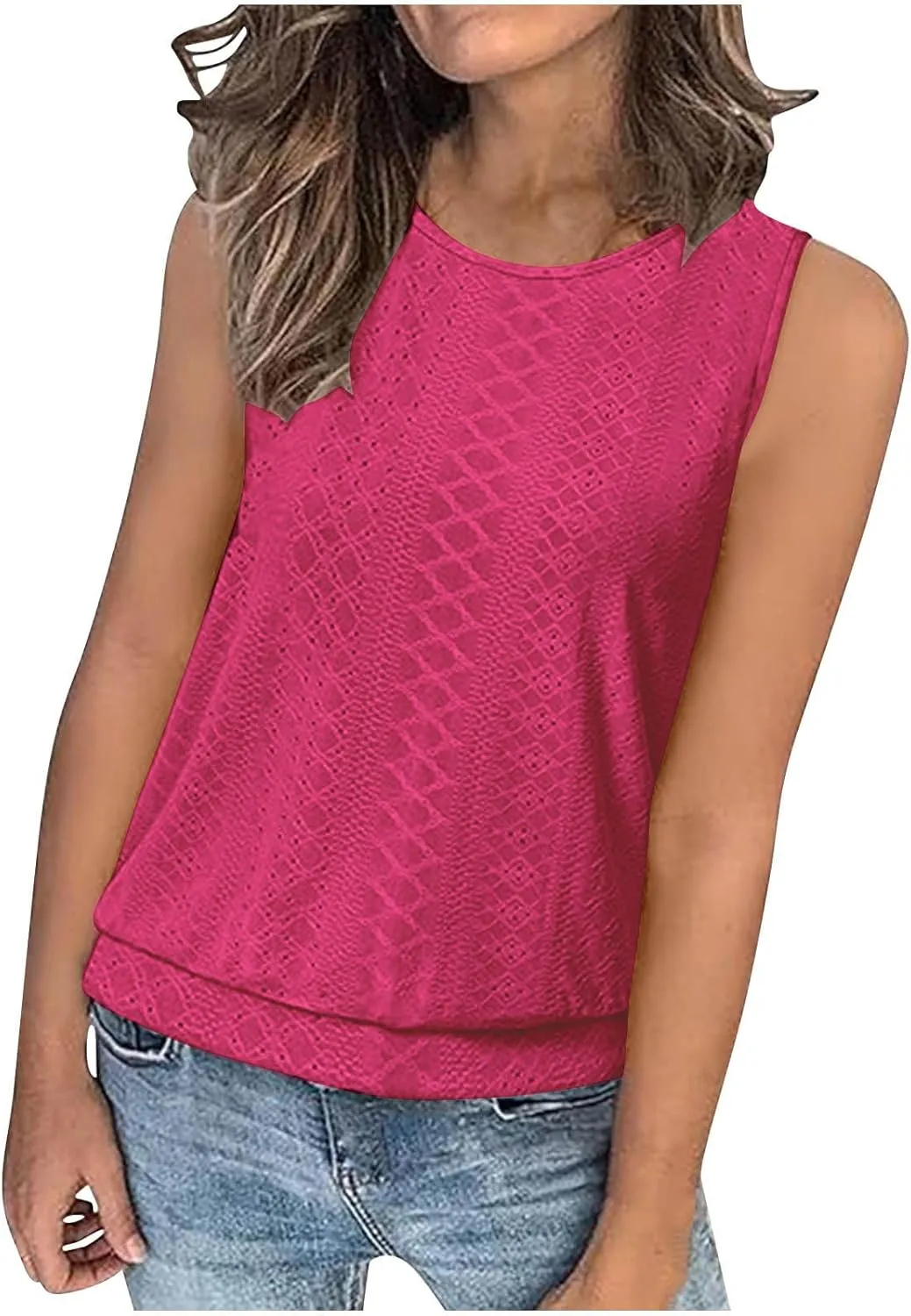 Women Tank Top Eyelet Embroidery Scoop Neck Shirts Trendy Sleeveless Loose Fit Banded Bottom Vest Beach Blouses