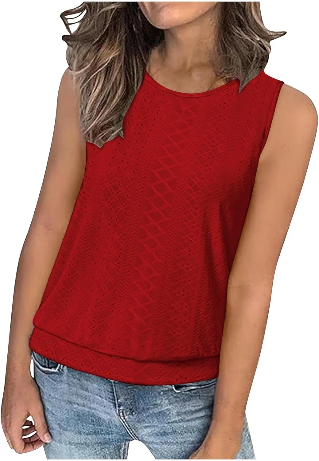 Women Tank Top Eyelet Embroidery Scoop Neck Shirts Trendy Sleeveless Loose Fit Banded Bottom Vest Beach Blouses