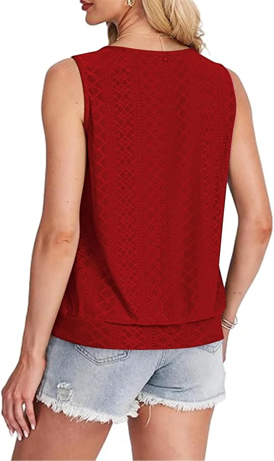 Women Tank Top Eyelet Embroidery Scoop Neck Shirts Trendy Sleeveless Loose Fit Banded Bottom Vest Beach Blouses