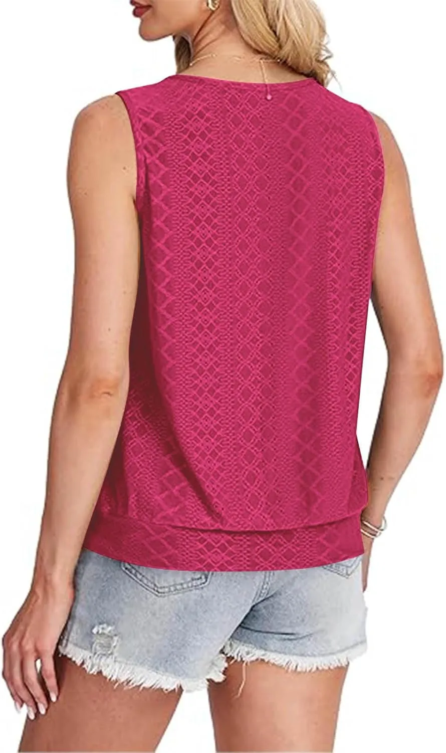 Women Tank Top Eyelet Embroidery Scoop Neck Shirts Trendy Sleeveless Loose Fit Banded Bottom Vest Beach Blouses