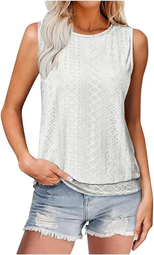 Women Tank Top Eyelet Embroidery Scoop Neck Shirts Trendy Sleeveless Loose Fit Banded Bottom Vest Beach Blouses