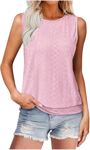 Women Tank Top Eyelet Embroidery Scoop Neck Shirts Trendy Sleeveless Loose Fit Banded Bottom Vest Beach Blouses