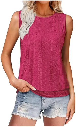 Women Tank Top Eyelet Embroidery Scoop Neck Shirts Trendy Sleeveless Loose Fit Banded Bottom Vest Beach Blouses