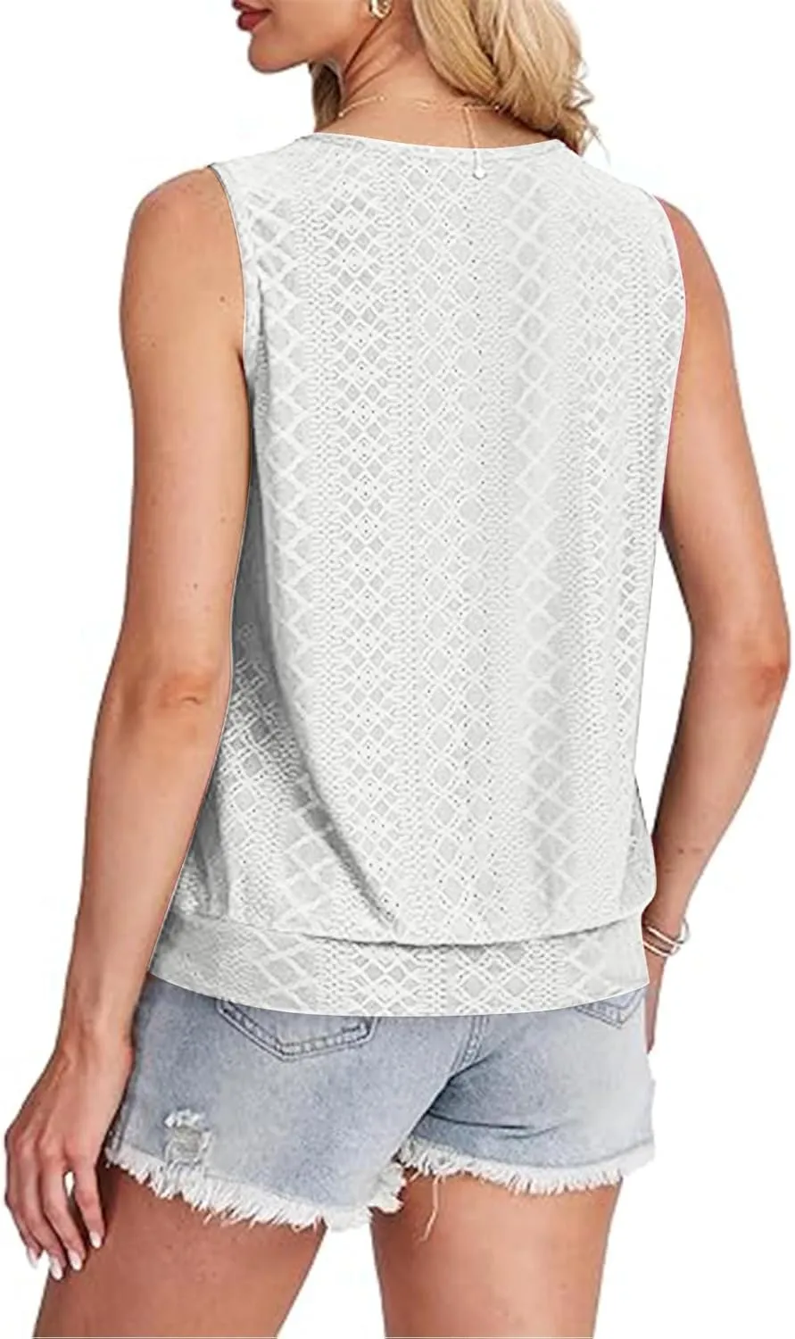 Women Tank Top Eyelet Embroidery Scoop Neck Shirts Trendy Sleeveless Loose Fit Banded Bottom Vest Beach Blouses