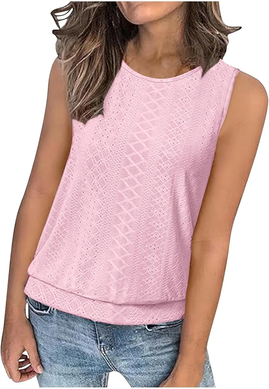 Women Tank Top Eyelet Embroidery Scoop Neck Shirts Trendy Sleeveless Loose Fit Banded Bottom Vest Beach Blouses