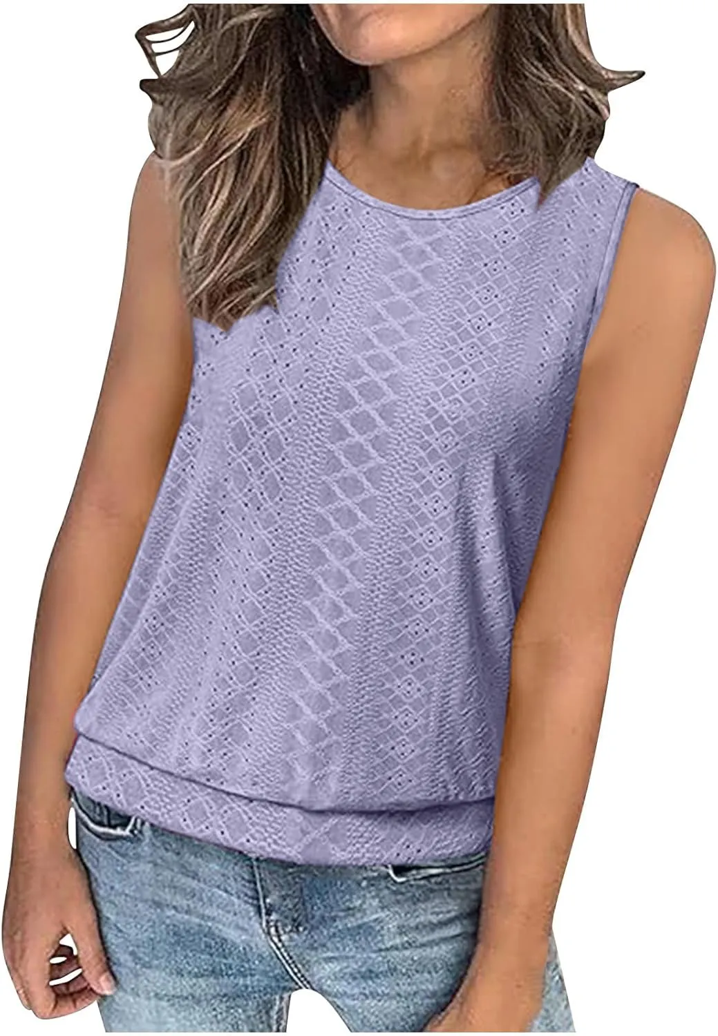 Women Tank Top Eyelet Embroidery Scoop Neck Shirts Trendy Sleeveless Loose Fit Banded Bottom Vest Beach Blouses