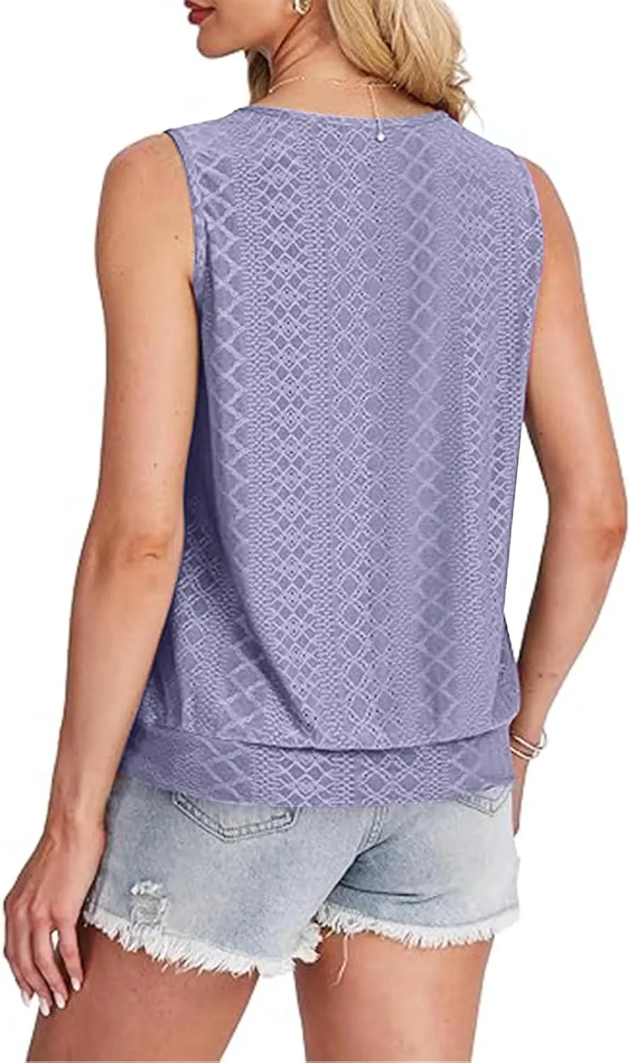 Women Tank Top Eyelet Embroidery Scoop Neck Shirts Trendy Sleeveless Loose Fit Banded Bottom Vest Beach Blouses