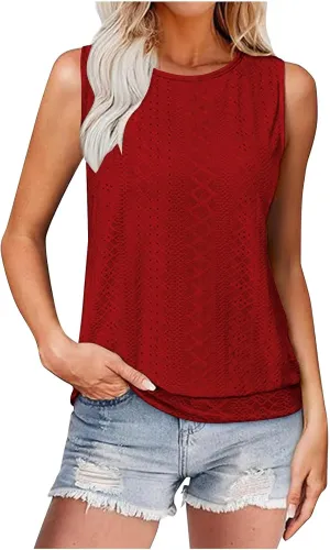 Women Tank Top Eyelet Embroidery Scoop Neck Shirts Trendy Sleeveless Loose Fit Banded Bottom Vest Beach Blouses