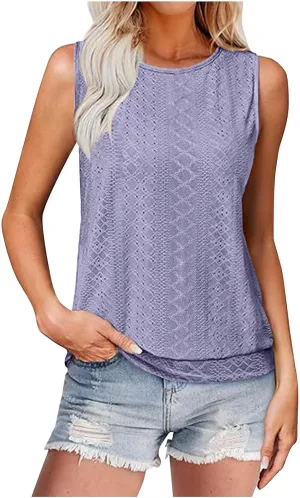 Women Tank Top Eyelet Embroidery Scoop Neck Shirts Trendy Sleeveless Loose Fit Banded Bottom Vest Beach Blouses