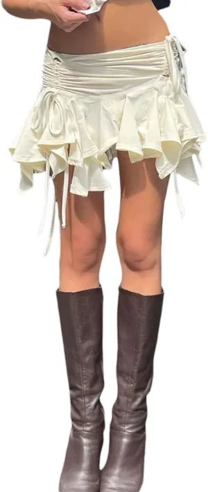 Women Y2k Pleated Layered Mini Skirt Asymmetrical Hem Flared Flowy Micro Skirt Low Waist Ruffle Hem Short Skirt