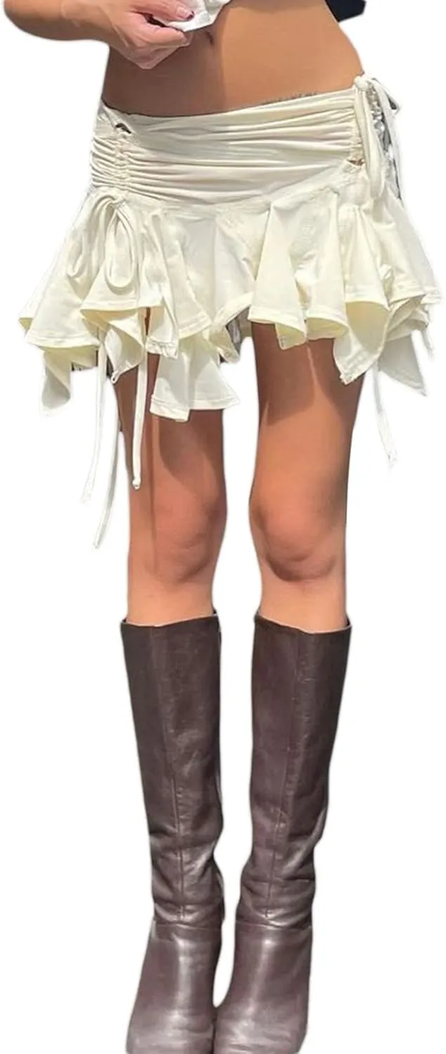 Women Y2k Pleated Layered Mini Skirt Asymmetrical Hem Flared Flowy Micro Skirt Low Waist Ruffle Hem Short Skirt