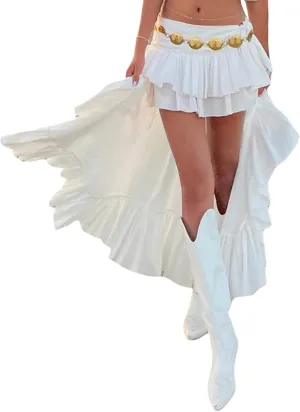 Women Y2k Pleated Layered Mini Skirt Asymmetrical Hem Flared Flowy Micro Skirt Low Waist Ruffle Hem Short Skirt