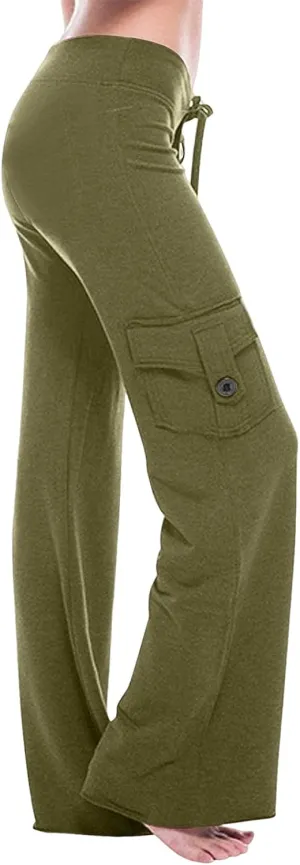 Women Yoga Pants High Waist Cargo Wide Leg Pants Stretch Tummy Control Butt Lifting Pant Drawstring Straight Leg Trouser