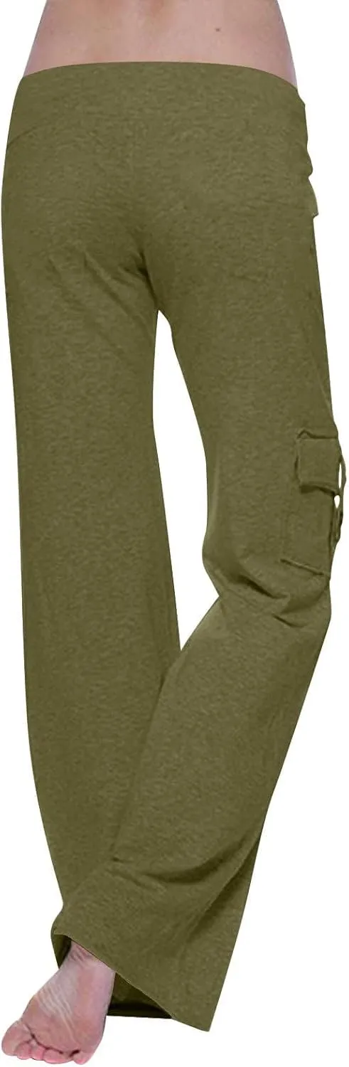 Women Yoga Pants High Waist Cargo Wide Leg Pants Stretch Tummy Control Butt Lifting Pant Drawstring Straight Leg Trouser