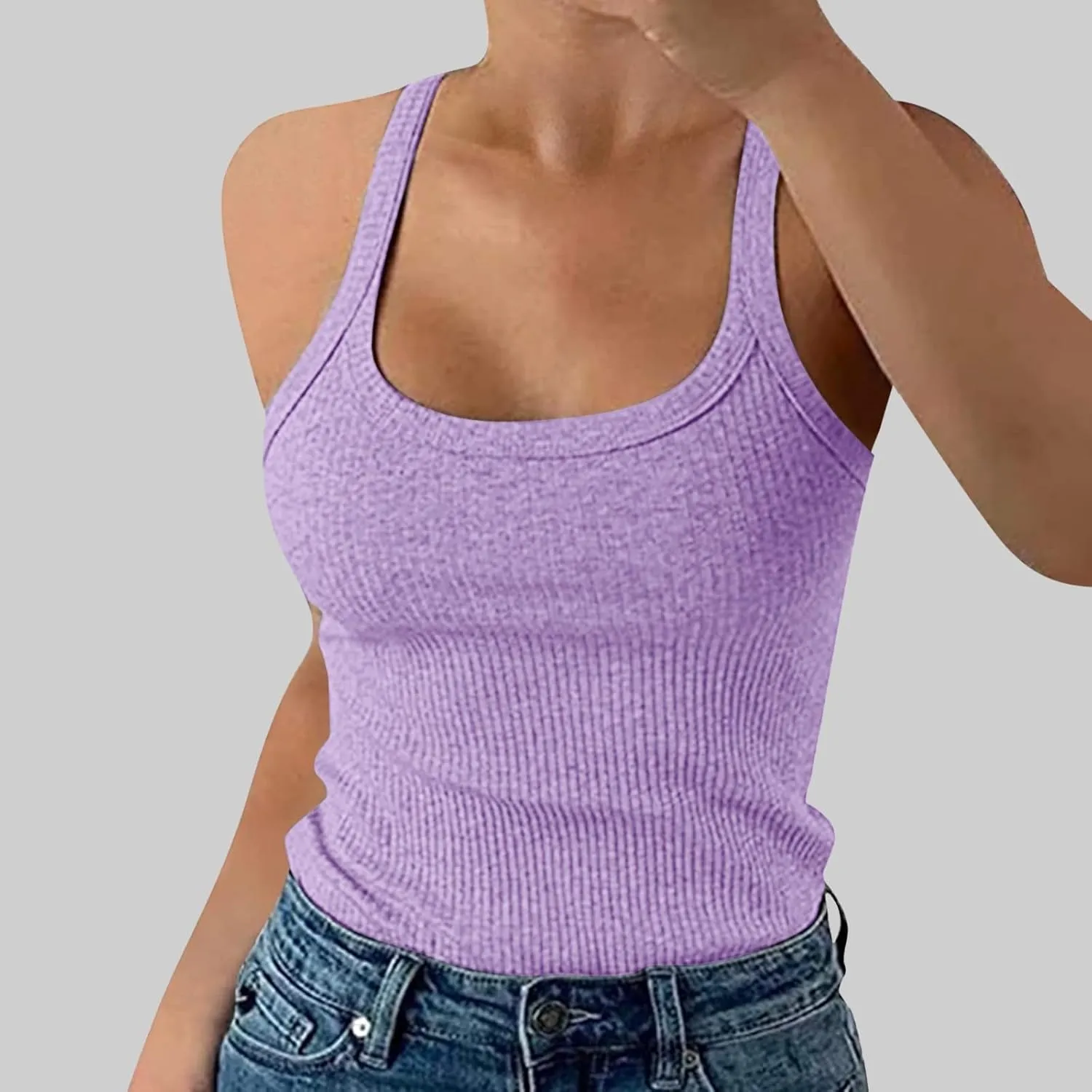 Womens Athletic Scoop Neck Tank Top Going Out Workout Cami Sleeveless Anime Shirts Solid Gym Slim Fit Spring Trendy